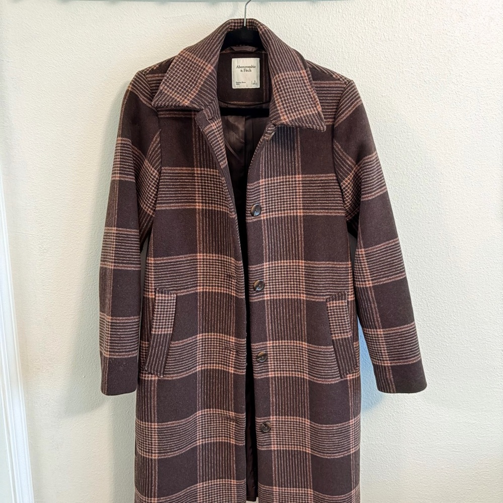 Abercrombie & Fitch Brown and Pink Plaid Wool-Blend Pea Coat